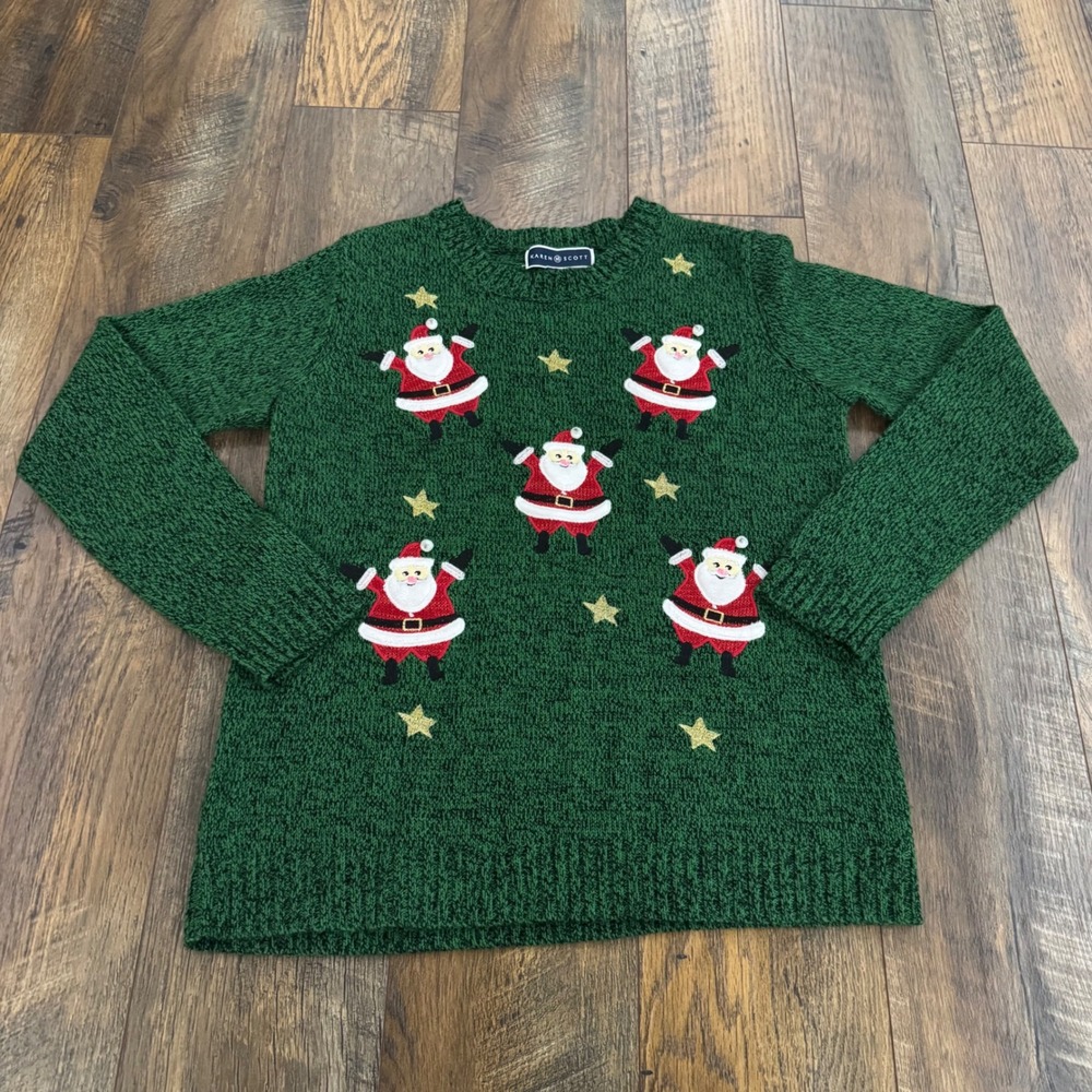 Karen Scott Green Santa Claus Holiday Ugly Christmas Sweater Small Marled Knit
